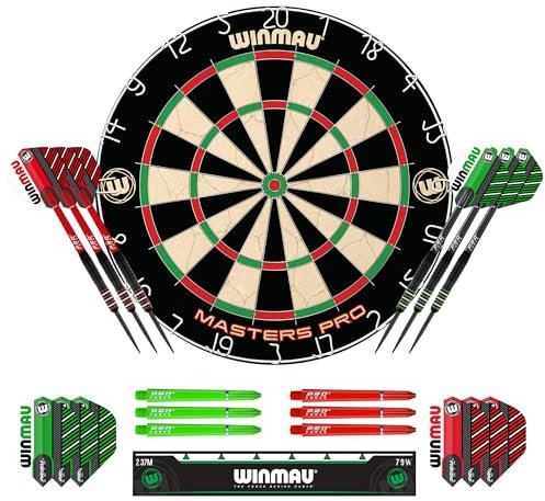 WINMAU Dartscheibe - Masters Pro Profi Dartscheibe Steeldart aus Sisal - Enthält Dartscheibe, Dartpfeile, Flights, Schäfte und Oche-Streifen – Profi Steel-Dartscheibe-Set für Erwachsene