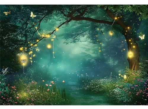 Xiaoterna 7x5ft Forest Backdrop Jungle Safari Night View Green Tree Butterfly Photography Background Spring Charming Garden Fairy Enchanted Forest Backdrop Adults Kids Portrait Photo Studio Props