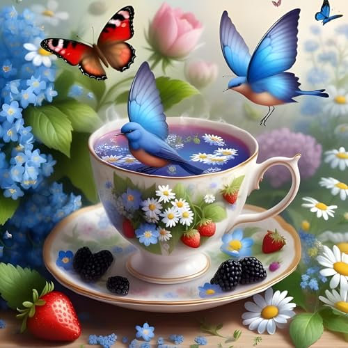 DPHERO DIY Tasse Diamant Painting Bilder für Erwachsene Anfänger,5D Blumen Diamond Painting Set,DIY Vögel Runde Steine Diamant Kunst Kits, Diamant Painting für Zuhause Dekor 30x30 cm