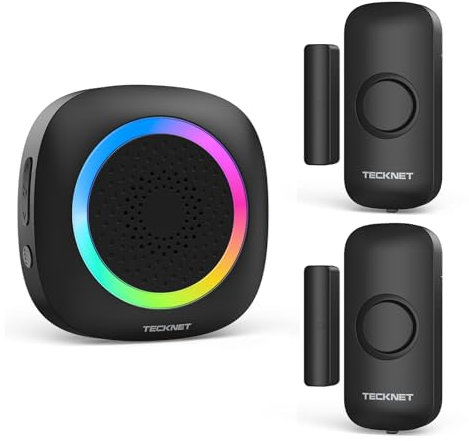 TECKNET Wireless Door Open Sensor Alarm Chime, 1000Ft Operating Range 61Chimes Volume with Mute Mode RGB Indicators 1 Plug-in Receiver and 2 Magnetic Door Alarm Sensor for Home Store Office Security