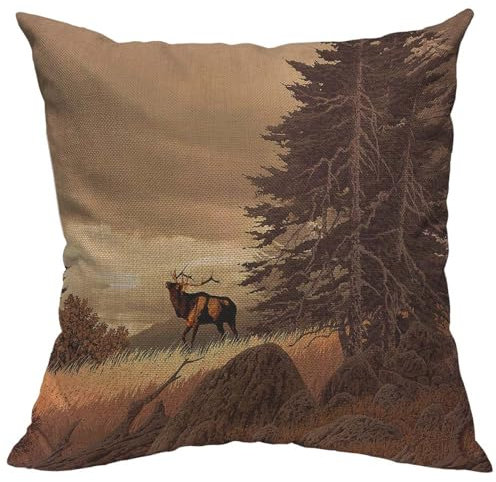 TKS MITLAN Kissenbezug mit braunem Hirsch, 45,7 x 45,7 cm, Elch in den felsigen Bergen, Felsen, Baum, Wildtier-Kissen, dekorative Wurfkissen, Bauernhaus-Dekoration für Zuhause