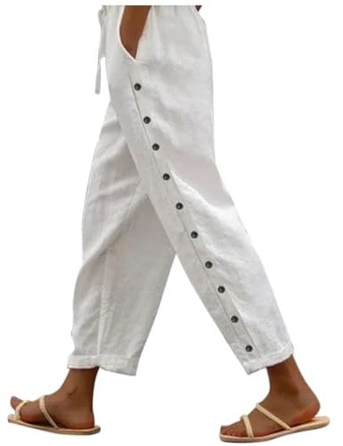 Generisch Sommerhose Damen Leicht,3/4 Hose Leinen,Luftig Musselinhose,High Waist Strandmode,Elegant Stoffhose,Lockere Hosen Mit Tunnelzug Und Taschen (S-3Xl) Weiß XL