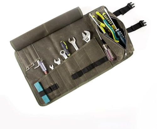 Canvas Roll up Tool Bag Pouch with 11 Slots and 1 Leather Zipper Pouch,Portable Carry-On Wrench Roll/Chisel Bag, Workshop Storage, Woodworking Tools Organizer. (Style#1)