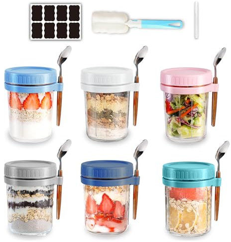 6 Pack Overnight Oats Containers with Lids and Spoons, 350ml Glasses, Airtight Oatmeal Container with Measurement Marks, Storage Container for Milk, Cereal, Fruit