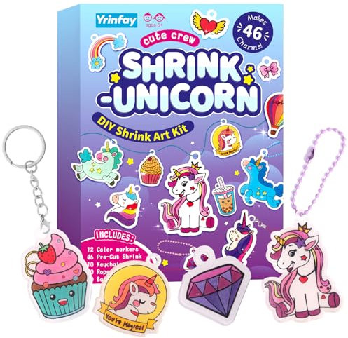89PC DIY Einhorn Schrumpffolie Bastelset Kinder - 46 Vorgeschnittene Formen, 12 Markierstifte & Zubehör – DIY Anhänger, Schlüsselanhänger & Etiketten - Basteln Mädchen - Geschenk mit Schrumpfpapier
