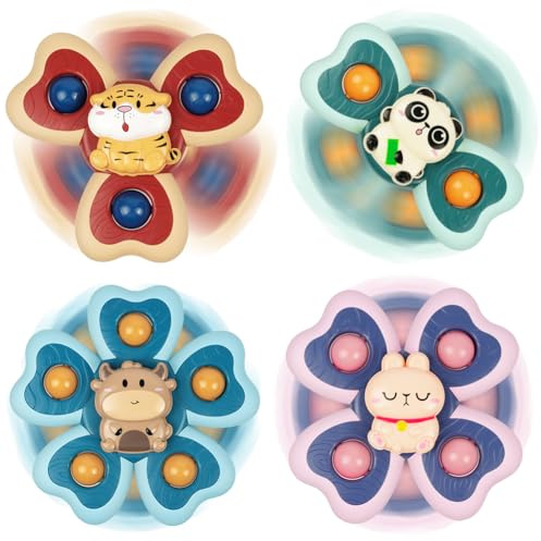 Vicloon Juguete Giratorio con Ventosa, 4 Piezas Baby Hand Spinners, Apilador Giratorio para Bebés, con Mordedor de Silicona, Campana, Juego de Juguetes Educativos para Bebé(Animal)