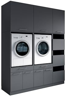 Laundreezy Waschraum Komplett-Set Modulares Schranksystem Anthrazit | 185 x 238 x 68 cm (B/H/T), Softclose, mit viel Stauraum, für Hauswirtschaftsraum, Waschküche, Keller, Bad