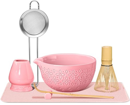 Matcha Set, Matcha Schale mit Ausgießer, 7 Stück Matcha Zubehör, Matcha Tee Set für die Zubereitung von Milchkaffee, Matcha Besen Set und Schüssel mit löffel & Sieb