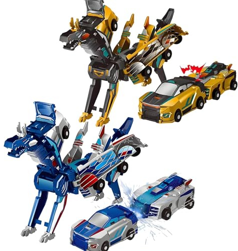 HQAYHSZD Dinosaur Transforming Car Toy, Magnetic Cars Transform Into Dinosaurs, Fun - Kollision Transformation Car Toys for Boys & Girls | Party Favors Gift for Birthday, Christmas (Gold Blue)
