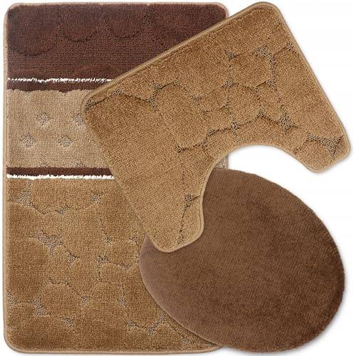 Decorator HOME Badteppich Set 3-TLG. Braun-Beige – rutschfest & Weich, Badematte für Badezimmer Teppich 50x80 cm & 50x40 cm - Ideal für Fußbodenheizung