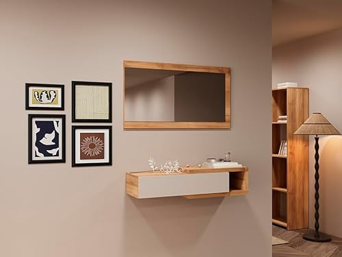 Meyvaser.com Ecommerce Company Console d'entrée horizontale avec tiroir et miroir Mauvella Beige 91,5 x 26 x 70 cm Meuble auxiliaire moderne et fonctionnel pour couloirs ou entrée