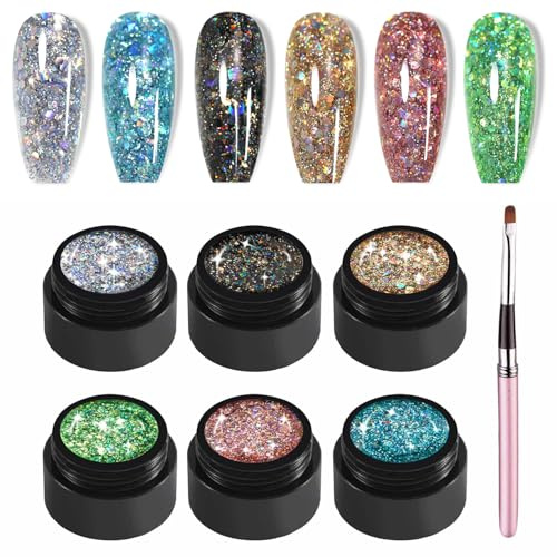 GZMAYUEN UV Nagellack Glitzer, 6 Farben Silber Gold Rosa Grün Blau Schwarz Glitzer Gel Nagellack Gelnägel für Nagel