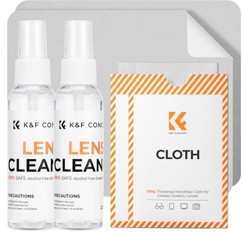 K&F CONCEPT 2×60 ML Kit Nettoyant pour Lunettes Appareil Photo ÉCran | Chiffon Microfibre 15x18cm *2 + Spray Nettoyants 60 ml*2, Nettoyage en Douceur sans Alcool,Efficace, sans Peluches MK01