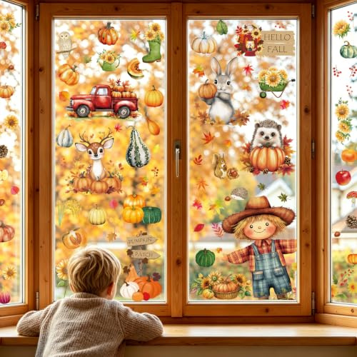 Fensterbilder Herbst Selbstklebend, 99 Stück Herbstdeko Fenster Aufkleber mit Ahornblatt Kürbis Kleintiere Vogelscheuche, Wiederverwendbare DIY Fensterdeko für Erntedankfest, Halloween, Kinderzimmer