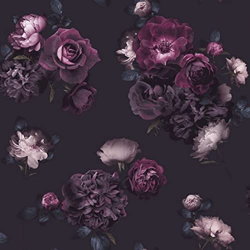 Arthouse Euphoria Purple Plum Floral Wallpaper - Dark Dramatic Tones - Scattered with Opulent Peonies & Roses on a Dark, Moody Background - Eye-Catching & Fresh - 32.8 feet Long - Full Roll, 697500