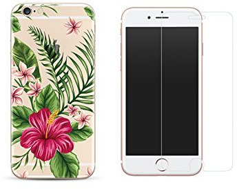 NOVAGO Compatible avec iPhone 8 Plus, iPhone 7 Plus -Combo (Coque + Verre trempé) Coque Gel Transparente et Solide Anti Choc +1 Film en Verre trempé 0.26 mm (Bouquet Exotique)