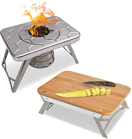 nCamp Kitchen to Go Basic, tragbarer, kompakter Holzofen, Campingkocher, erhöhtes Bambus-Schneidebrett, Vorbereitungsoberflächenkombination, mit Tragetasche, ideal für Rucksackreisen, Wandern,