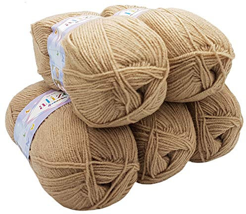 5 x 100g Strickwolle Alize Bebe einfarbig, 500 Gramm Wolle zum Stricken und Häkeln (beige 256)