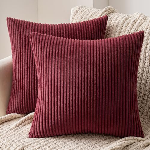 MIULEE 2er Set Kissenbezüge Kord Kissenhülle Dekorative Kissenbezug Sofakissen Couchkissen Dekokissen Zierkissenbezug Deko Kissenhülle mit Verstecktem Reißverschluss 50x50 cm WeinRot