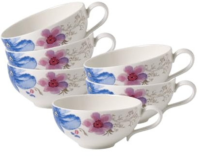 Villeroy & Boch Mariefleur Gris Basic Teetassen 6er Set, 240 ml, Tassen mit Blumen-Dekor, Premium Porzellan, Weiß/Bunt