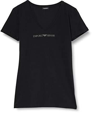 Emporio Armani Femme V Neck T-shirt Iconic Cotton T shirt, Noir, L EU