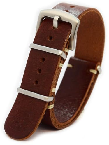 NATO-Uhrenarmband, Zulu-Band, Leder, Militär-Stil, geölt, lang, braun, Whiskey, Leinen, stilvolle Edelstahl-Schnalle, wählen Sie Größe 18 mm, 20 mm, 22 mm, 24 mm, silber, 18 mm, NATO