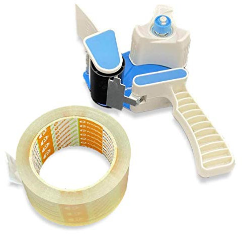 Printation Packband Handabroller und Premium Strong 60m lang 50mm breit Paket-Klebeband Rolle transparent im Vorteilspack (Eine Kleberolle + Kleberoller)