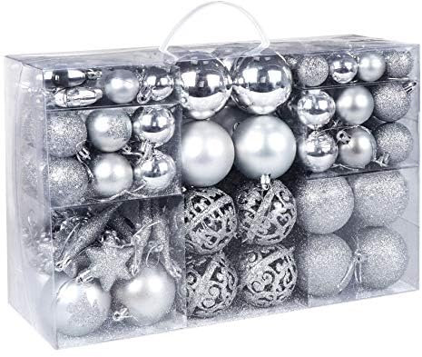 Mocraft Weihnachtskugeln 116er Set Christbaumkugeln Silber Weihnacht Ornamente, Set inkl. Baumspitze Kiefernzapfen Stern Dekoration gemalte Kugel ∅ 30/40/60mm