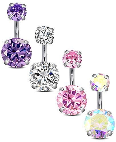 Vcmart Lot de 4 Barres de Ventre 6/8/10/12mm Anneaux de Bouton Nombril Ensemble en Acier Inoxydable 14G Piercing Bijoux CZ
