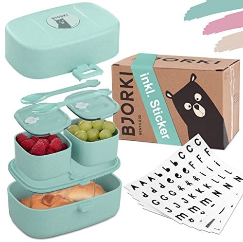 BJORKI® Bento Box für Kinder inkl. BONUS Namensticker - Auslaufsichere Lunchbox mit Fächern - Nachhaltige Brotdose Kinder für Kindergarten & Schule - Die Jausenbox für unterwegs.
