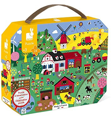Janod - Puzzle und Suchspiel für Kinder Bauernhof, 24 Teile - Lernspiel - Feinmotorik und Konzentration - Koffer mit Griff - FSC-zertifiziert - Ab 3 Jahren, J02645, Weiß