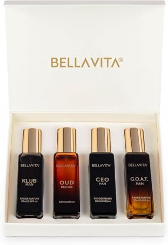 BellaVita Luxury Perfume for Men Gift Set (4x20ml) | Mens Perfumes OUD, CEO, Klub, GOAT | Mini Mens Fragrance with Luxury Perfume Oils | French Cologne & Arabic Parfums Fragrance for Him