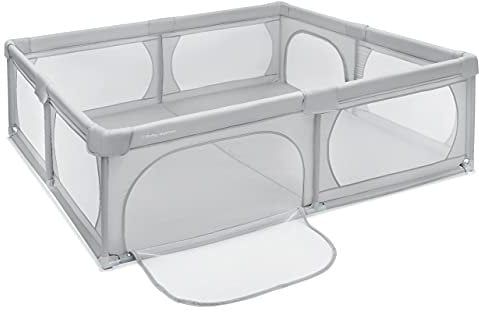 Moby-System Kinderlaufstall Baby Laufgitter Set - Aktivitätszentrum mit Rutschfester Basis, Schutzgitter & Transporttasche - Wasserdichtes Material, 200 x 180 cm, Grau
