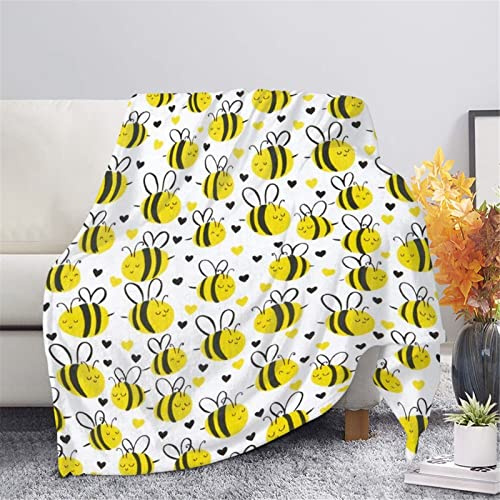 HUGS IDEA Bienen-Decke, Cartoon-Biene, gelb, schwarz, Herzmuster, schöne Decken für Schlafzimmer, Wohnzimmer, warmer Camping-Überwurf, dicker Flanell-Überwurf Yoga-Matte, 2XL