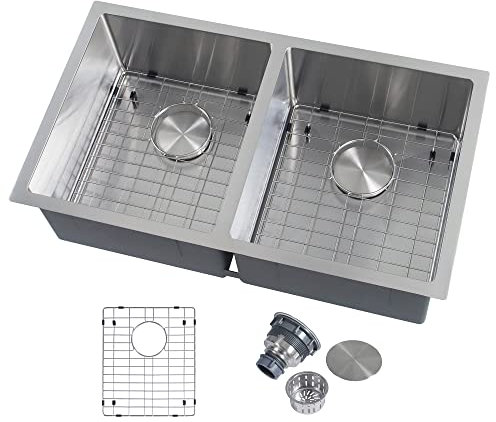 LQS Undermount Kitchen Sink 31 x 18 Inch, Stainless Steel Undermount Double Bowl Sink, 50/50 Double Bowl With Sink Grids and Sink Drain Strainers