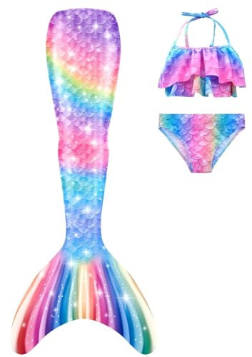 SPEEDEVE Meerjungfrauenschwanz Mädchen 3pcs Bikini Set,ohne Monoflosse,M9,130