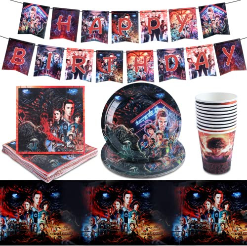 Ruenie 42 Pcs StrangerThing Partygeschirr, StrangerThing Geburtstag Deko, StrangerThing Pappteller, Tischdecke, Servietten Geburtstag, Banner Dekoration, Party Deko, Tischdekoration Kindergeburtstag