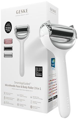 GESKE | SmartAppGuided™ MicroNeedle Face & Body Roller | 9 in 1 | Derma Roller | mit Rosenquartz- & Kühlaufsatz | Elektrisches Microneedling-Gerät | Nadelroller | Beauty Roller für Gesicht und Körper
