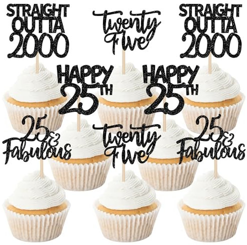 24 Stück 25th Geburtstag Tortendeko Straight Outta 2000 Cupcake Toppers Twenty-five Awesome Since 2000 Cupcake Picks 25 fabelhafte Tortendekorationen für 25. Geburtstag Schwarz