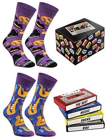 Rainbow Socks - Damen Herren Jazz Musik Lustige Geschenke Bunte Socken - 2 Paar - Musikinstrumente Sonnenbrille Zylinder Hut - Größen EU 36-41