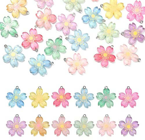 Airssory 24 Pcs 12 Colors Resin Dangle Ornament Glittery Cherry Plum Blossom Flower Charm for Keychain Jewelry Making