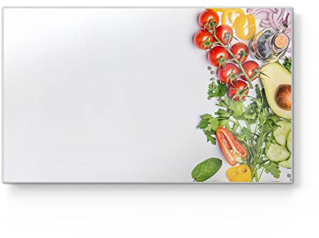 DEQORI Frühstücksbrett Glas | klein 23x14 cm | Motiv Banner gerahmt mit Gemüse | Design Schneidebrett für Küche | Frühstücksbrettchen antibakteriell & rutschfest | Glasplatte & Servierplatte