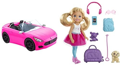 Barbie Convertible 2-Seater Vehicle, Pink Car with Rolling Wheels & Realistic Details, Gift for 3+ & Chelsea Travel Doll, Blonde, With Puppy, Carrier & Accessories, For 3 To 7 Year Olds, FWV20
