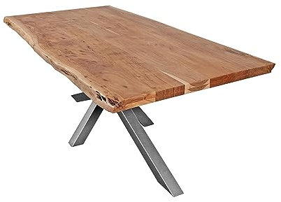 SAM Esstisch 240 x 100 cm Cali, Baumkantentisch naturfarben, Akazienholz massiv, Spider-Gestell aus Metall Silber, aufgedoppelte Kanten 25+25 mm