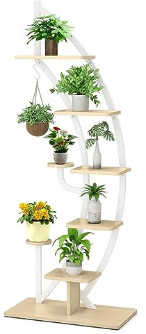 GOPLUS Support Plantes Interieur en Métal à 6 Niveaux, Porte Plante Interieur Incurvé et 7 Étagère pour Jardinière en Forme de Demi-lune avec Crochet, Présentoir Bonsaï pour Salon, Balcon (Blanc)