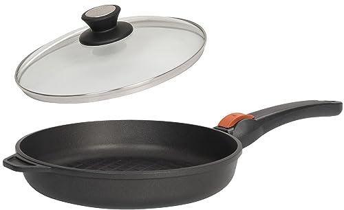 SKK große 2-tlg. Grill-Bratpfanne Ø 28 cm - Induktion - flache Pfanne mit BBQ Muster - Stiel abnehmbar & Deckel mit Edelstahlrand - Made in Germany