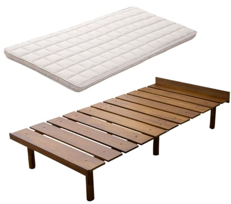 EMOOR Japanische Futon-Matratze Machi und Futonbett OSMOS Set 100 x 200 cm, Retro-Braun, 3 Höhen Verstellbar, Einfach zu Montieren, Japanisches Schlafbett Tatami-Matte Holzlatten-Bett Palettenbett
