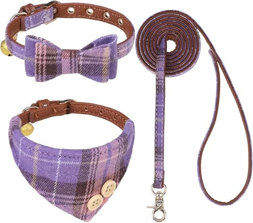 Hundehalsband und Leine mit Fliege für kleine Hunde – Welpenleinenhalsbänder, klassisches Beige kariert – verstellbare Größe mit Goldener Glocke – perfekt für kleine Rassen Mädchen
