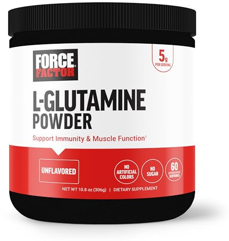 Force Factor L-Glutamine Powder for Post Workout Recovery, Muscle Recovery, Healthy Muscle Function, and Immunity, 5000mg/5g Glutamine Supplement, Vegan, Non-GMO, 60 Servings