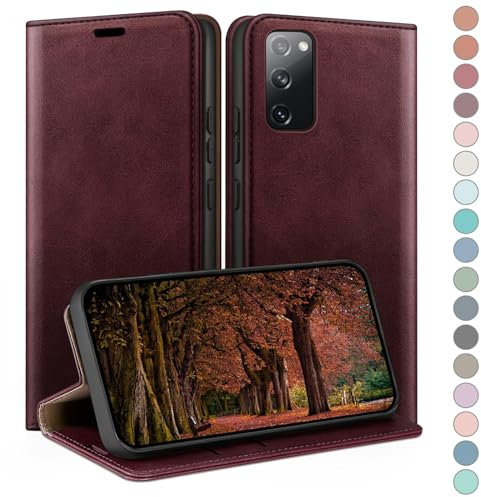 HUOUH für Samsung Galaxy S20 FE Hülle mit RFID Schutzhülle aus Lederhülle Handyhülle,360 Grad Schutz Case,Kartenfach Leder ständer Handy hülle für Samsung S20 FE Klapphülle Wallet Cover Rotwein
